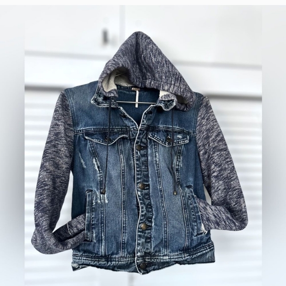 Free People Jackets & Blazers - Free People Indigo Knit Hooded Denim Jacket